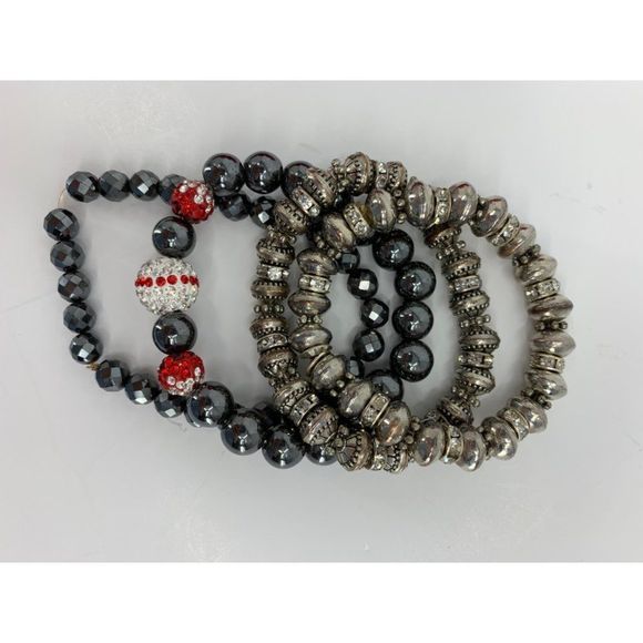 Lot of 4 Beaded Bracelets Black Glass Faceted Beads and Metal Imprint Beads 0619 - Picture 4 of 5